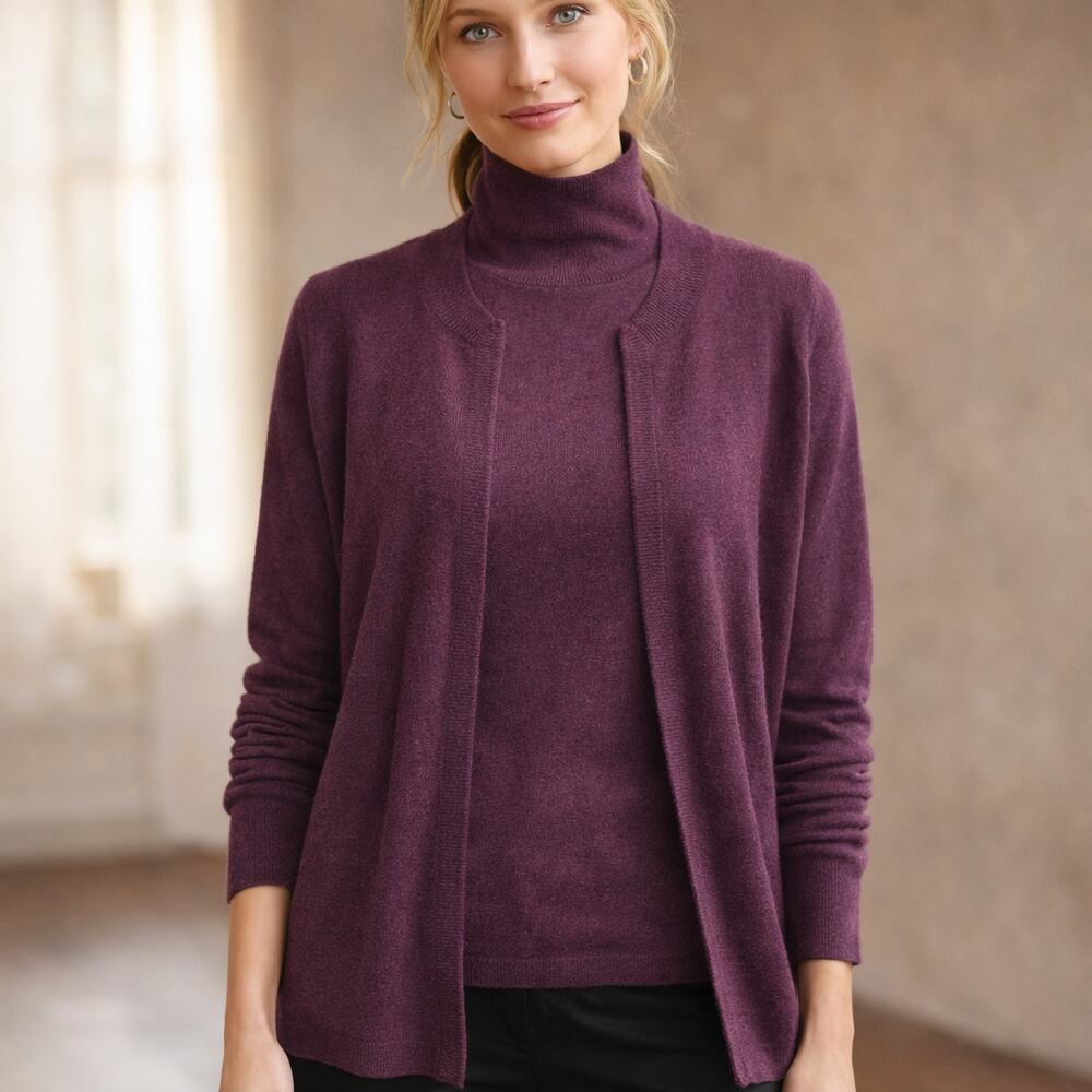 Cashmere Sweater Set Cardigan Sleeveless Turtleneck Womens L Wine Quiet Luxury